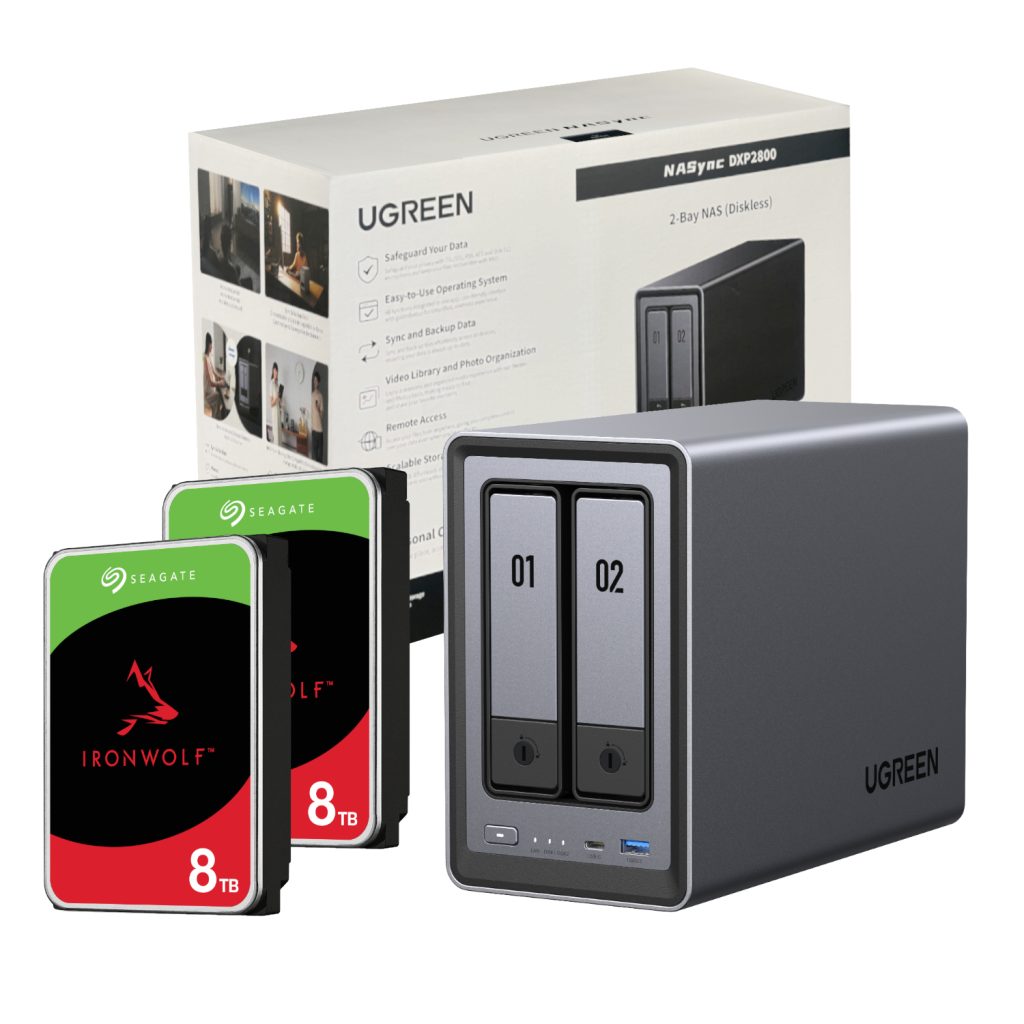 UGreen NASync DXP2800 2 Bay NAS with Seagate Ironwolf NAS 16TB SATA Hard Drive Bundle (2x 8TB)